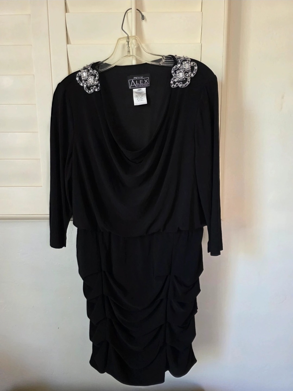 Alex Evenings Black Long Sleeve Draped Dress with Shoulder Embellishments